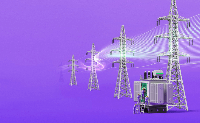 Electrical power station with pylons and transformer.