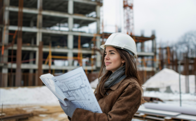Construction manager reviews blueprints at a job site. Construction ERP software from IFS.