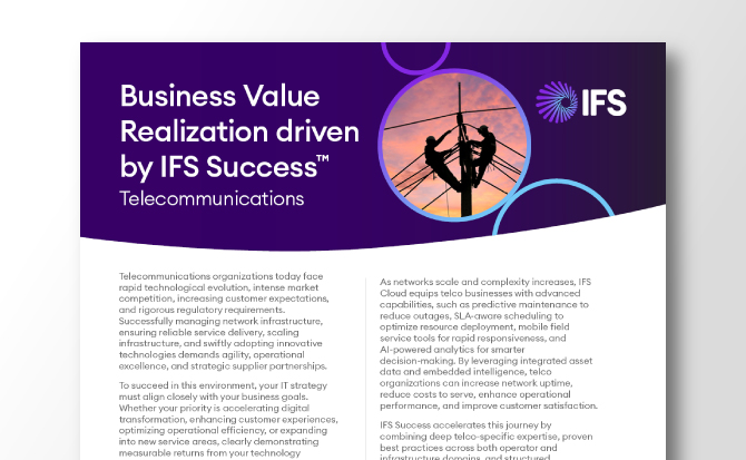 Cover image thumbnail for the IFS 'Business Value Realization driven by IFS Success' web page for Telecommunications. The design is purple and features a small circular image of two workers on a broadcast tower at sunset.