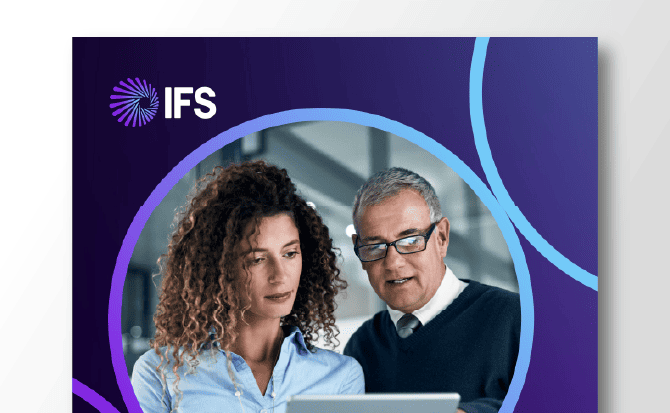  A purple and blue overlay with circular shapes covers the background and the man and woman looking at the device