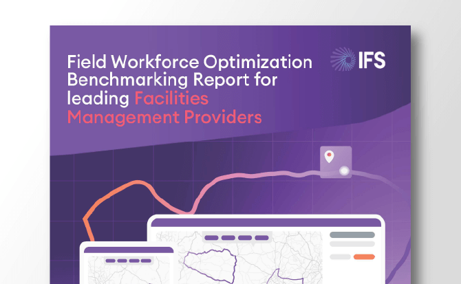 The cover of a report titled 'Field Workforce Optimization Benchmarking Report for leading Facilities Management Providers' by IFS. 