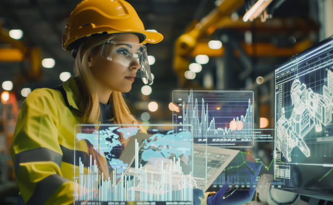 Engineer analyzing holographic industrial data