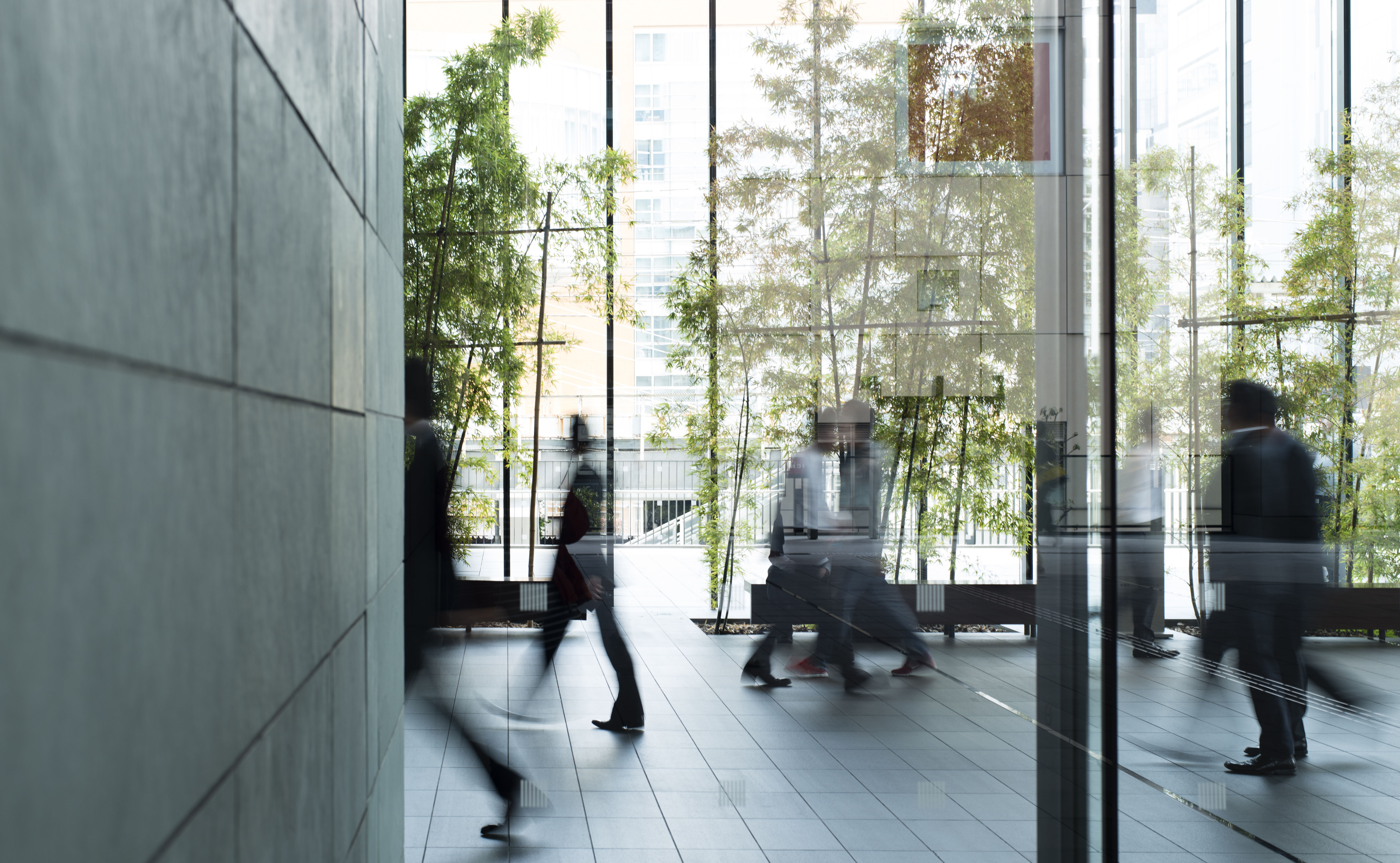 Modernes Büro durch Glas mit verschwommenen Menschen und Pflanzen.