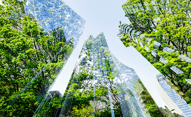 A city forest scene, with modern architecture