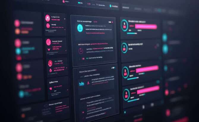 A dark mode user interface showing a workflow dashboard with multiple cards displaying tasks, progress bars, and user profiles.