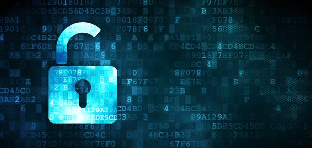 Digital illustration of a glowing blue padlock with an open shackle, overlaid on a background of alphanumeric code, symbolizing cybersecurity in defense manufacturing environments.