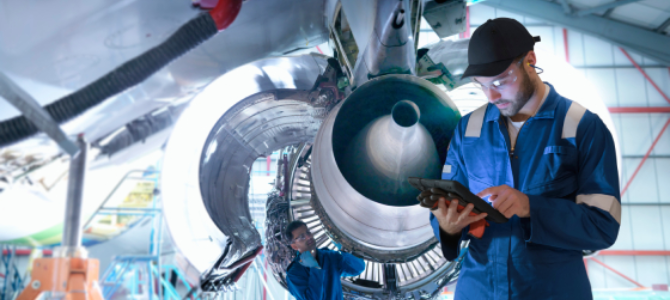 Technician performing aircraft engine inspection in a defense manufacturing facility