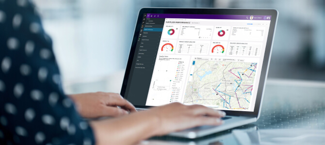 A person using a laptop displaying a Supplier Risk Management dashboard. The screen shows various charts, graphs, and a map related to supplier performance metrics.