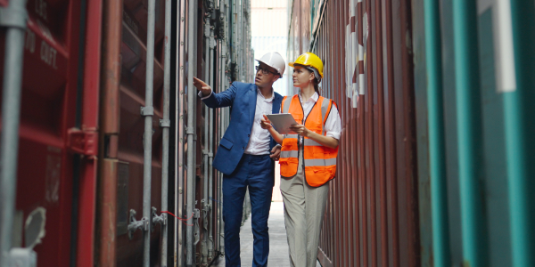 Woman using supply chain sustainability software on a tablet during a container inspection with a logistics manager at a shipping facility.