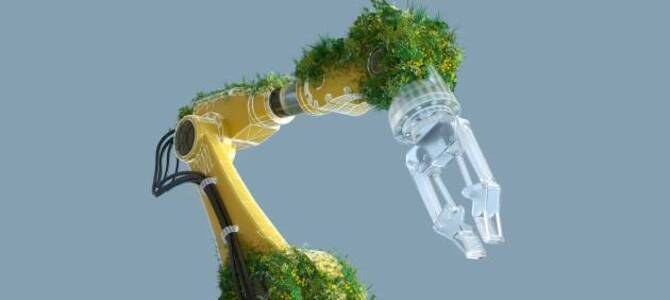 Robotic arm covered in green foliage and plants, symbolizing sustainable defense manufacturing. 