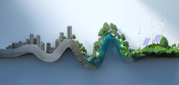 Conceptual illustration of sustainable manufacturing, showing the transition from an urban cityscape to a natural forest with renewable energy sources like wind turbines and solar panels.
